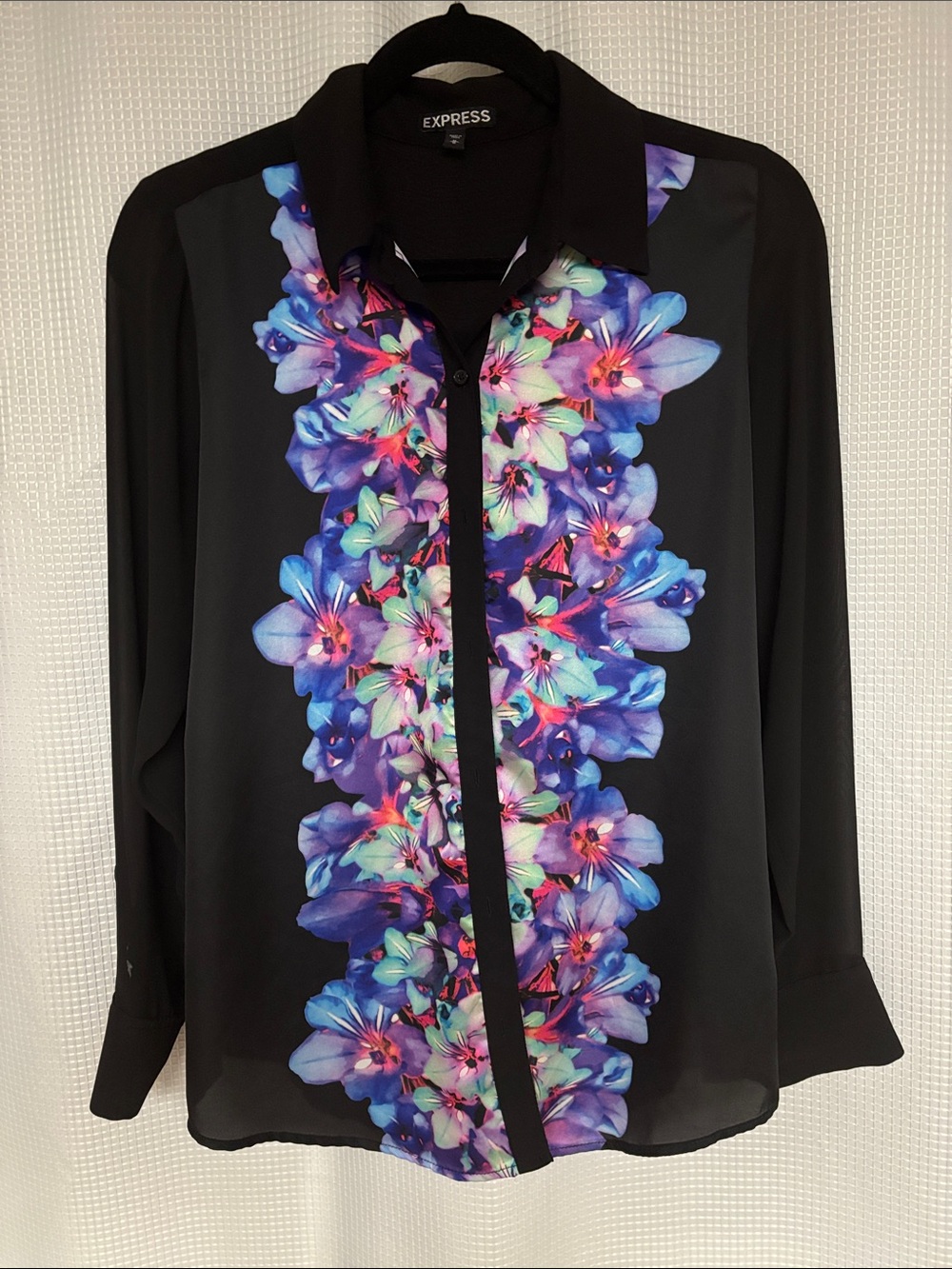 Express Black Button-Front Blouse with Blue-Purple Floral Panel